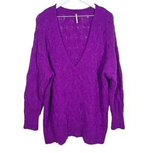 Free People Womens Purple Deep Vneck Wool Alpaca Cable Knit Sweater Long Sleeve